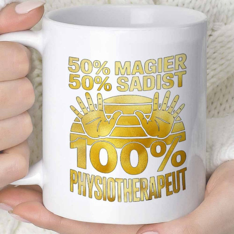 Tailorly White Ceramic 11 oz Mug - Golden Textured Human Hands Raised With Decorative Geometric Stripes Mug