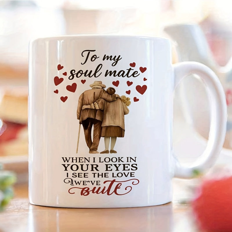 Tailorly White Ceramic 11 oz Mug - To My Soul Mate When I Look In Your Eyes I See The Love Weve Built Elderly Couple Walking Together Under A Shower Of Red Hearts