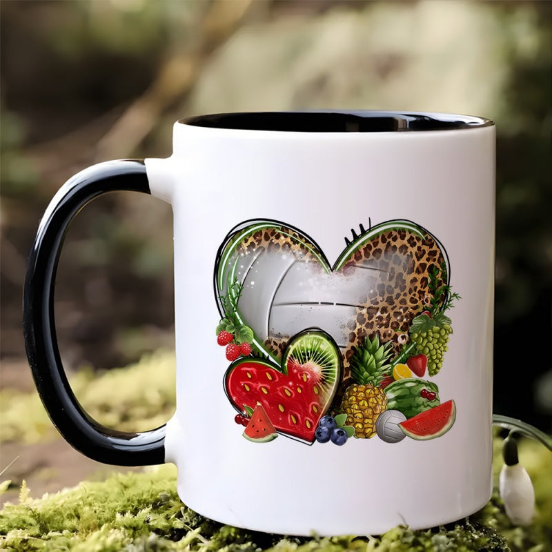 Tailorly Black Accent 11 oz Mug - girly heart mixed fruits design with leopard print