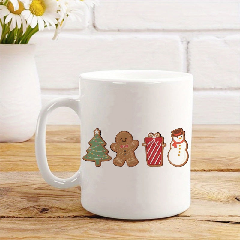 Tailorly White Ceramic 11 oz Mug - Festive Christmas Icons Including Gingerbread Man And Tree With Snowman Cookie