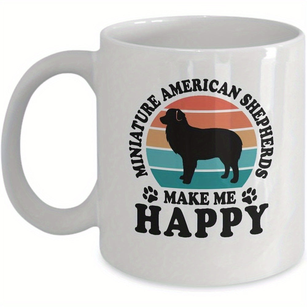 Tailorly White Ceramic 11 oz Mug - Miniature American Shepherds Make Me Happy Retro Sunset Circle With Standing Dog Silhouette Surrounded By Paw Prints Shepherd