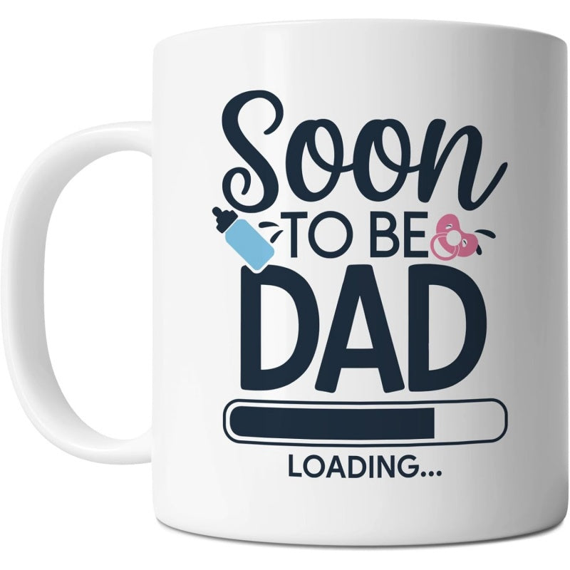 Tailorly White Ceramic 11 oz Mug - Soon To Be Dad Loading Baby Blue Bottle And Pink Pacifier With Progress Bar Indicating Fatherhood Loading Bar