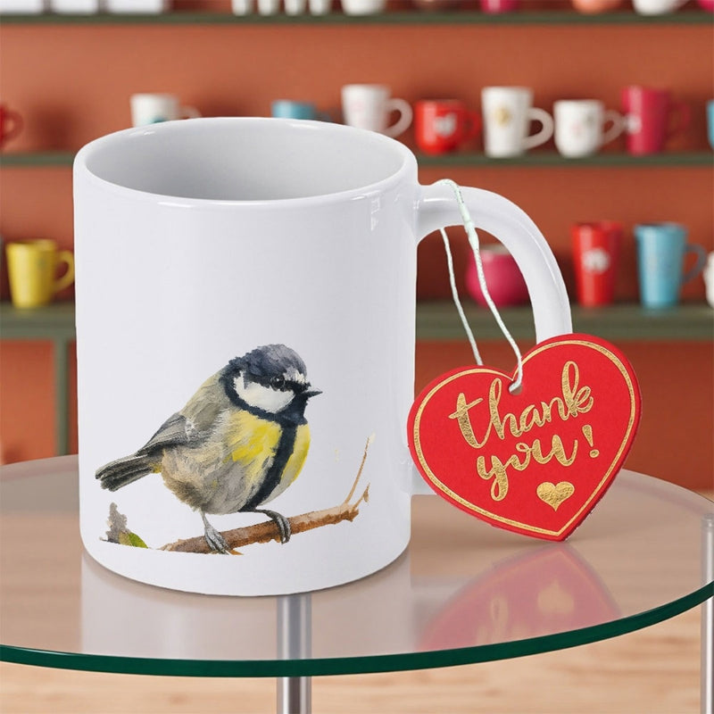 Tailorly White Ceramic 11 oz Mug - Thank You Detailed Watercolor Great Tit Perched Upon A Small Branch Bird