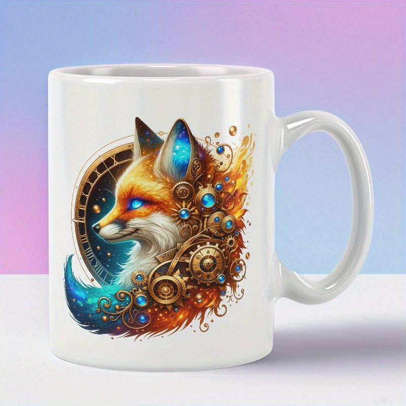 Tailorly White Ceramic 11 oz Mug - Intricate Steampunk Gears With Radiant Celestial Glowing Blue Nebula Details Fox