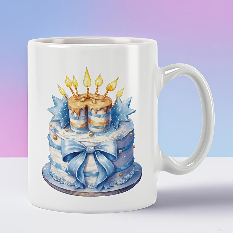 Tailorly White Ceramic 11 oz Mug - Watercolor Styled Two Tier Blue Ribbon Celebration With Glowing Yellow Candles Cake