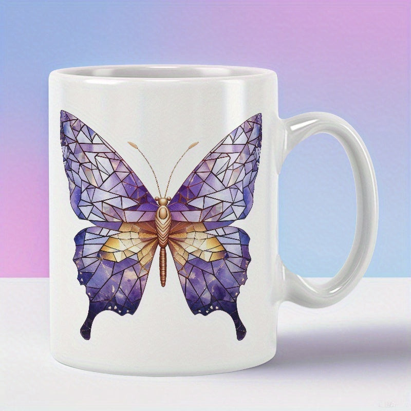 Tailorly White Ceramic 11 oz Mug - Intricate Geometric Stained Glass Pattern With Purple Wings And Golden Accents Butterfly