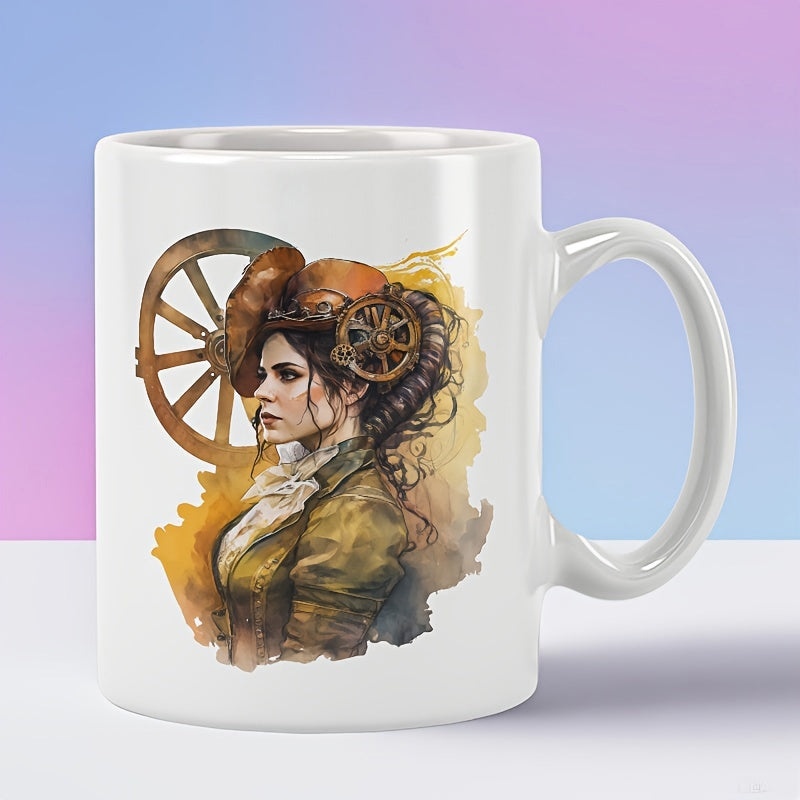 Tailorly White Ceramic 11 oz Mug - Vintage Steampunk Victorian Lady With Gears Beside A Rustic Wooden Wheel Woman