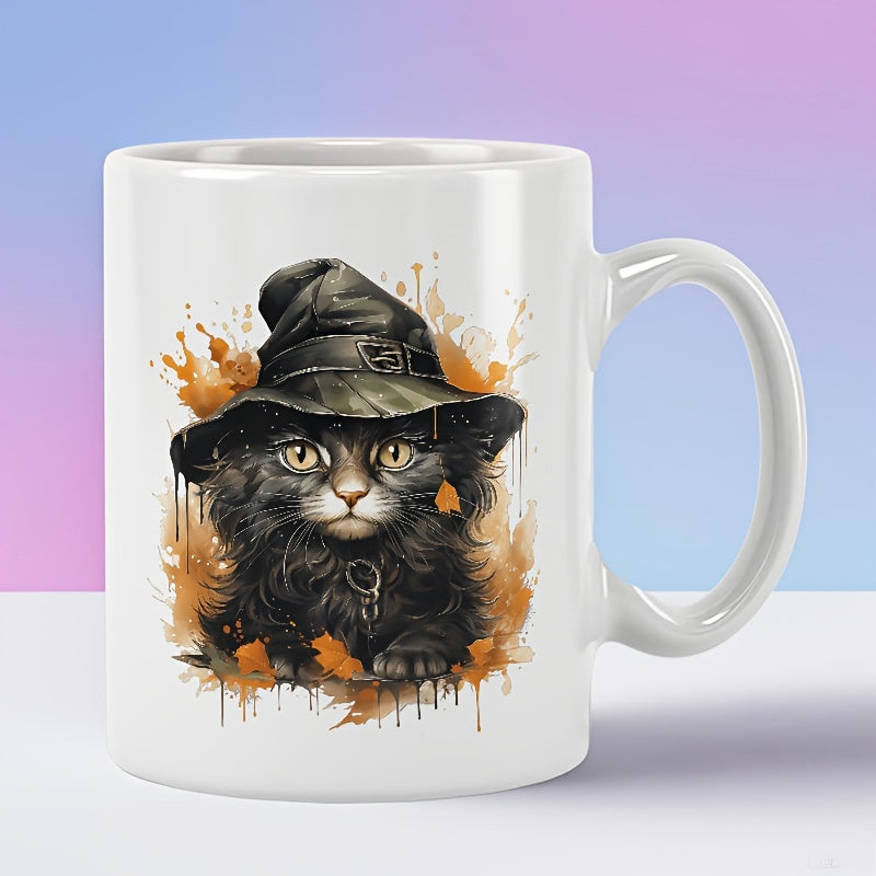 Tailorly White Ceramic 11 oz Mug - Mystical Fluffy Witch Wearing Distressed Hat With Orange Watercolor Splashes Cat