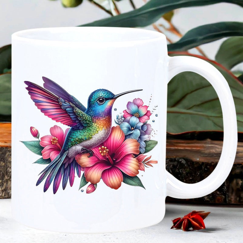 Tailorly White Ceramic 11 oz Mug - Vibrant Multicolored Wings Hovering Among Blooming Pink Tropical Hibiscus Flowers Hummingbird