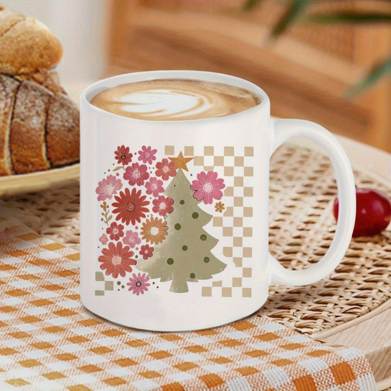Tailorly White Ceramic 11 oz Mug - Festive Minimalist Retro Floral Design With Checkerboard Pattern Background Christmas Tree