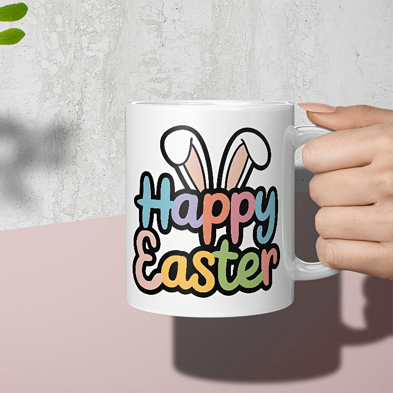 Tailorly White Ceramic 11 oz Mug - Happy Easter Colorful Hand Drawn Letters With Playful Pink Bunny Ears Rabbit