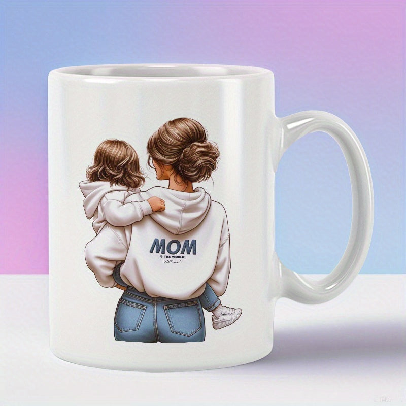 Tailorly White Ceramic 11 oz Mug - Mom Loving Woman Carrying Small Child Wearing White Hooded Sweater Mother