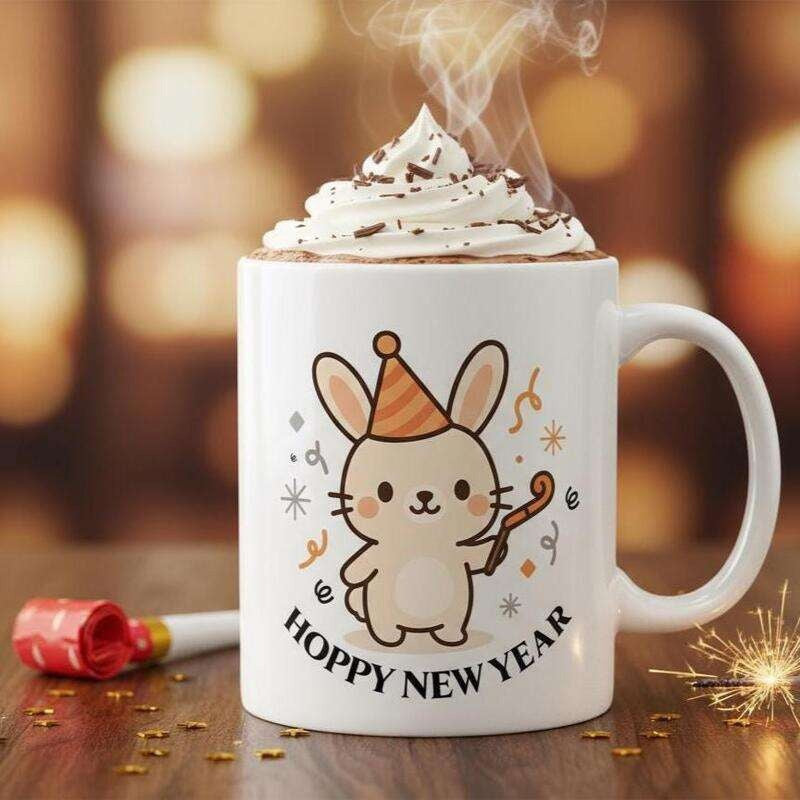 Tailorly White Ceramic 11 oz Mug - Hoppy New Year Cute Festive Rabbit Wearing Striped Party Hat Among Scattered Confetti Bunny