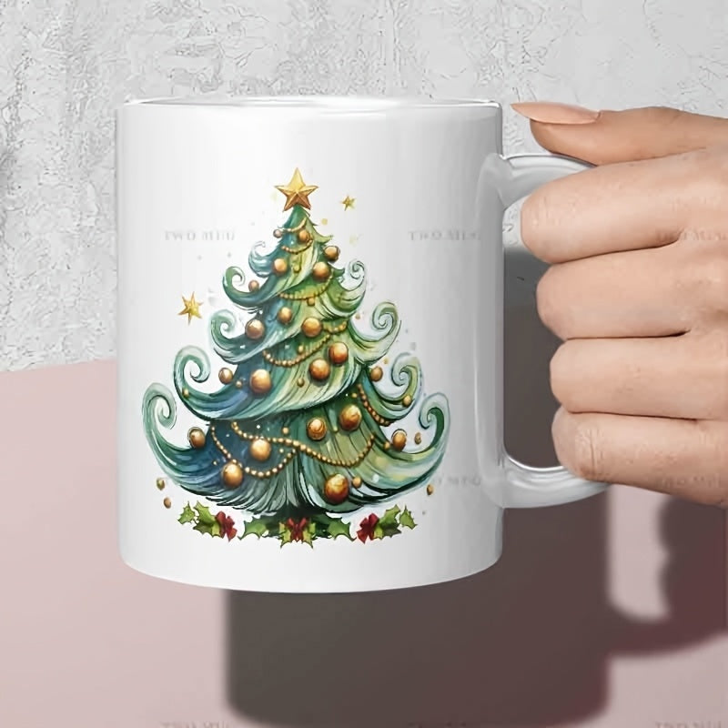 Tailorly White Ceramic 11 oz Mug - Ornate Swirling Branches With Golden Ornaments And Shining Star Top Tree