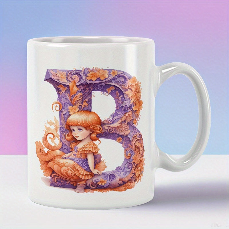 Tailorly White Ceramic 11 oz Mug - B Ornate Purple Floral Filigree With Small Cute Girl Sitting On Letter