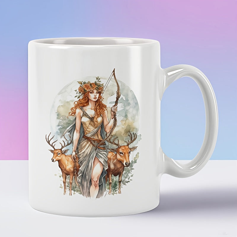 Tailorly White Ceramic 11 oz Mug - Ethereal Forest Archer Holding Bow Standing With Graceful Deer And Nature Huntress
