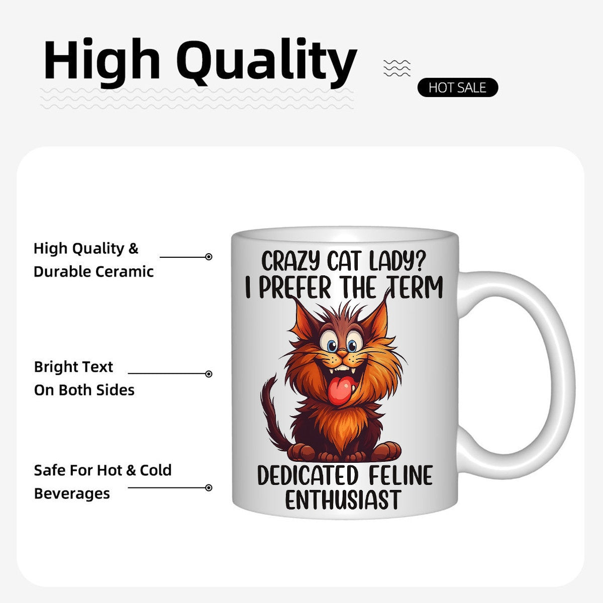 Tailorly White Ceramic 11 oz Mug - Crazy Cat Lady I Prefer The Term Dedicated Feline Enthusiast Quirky Fluffy Orange Cartoon Cat Sitting With Its Tongue Out Cat