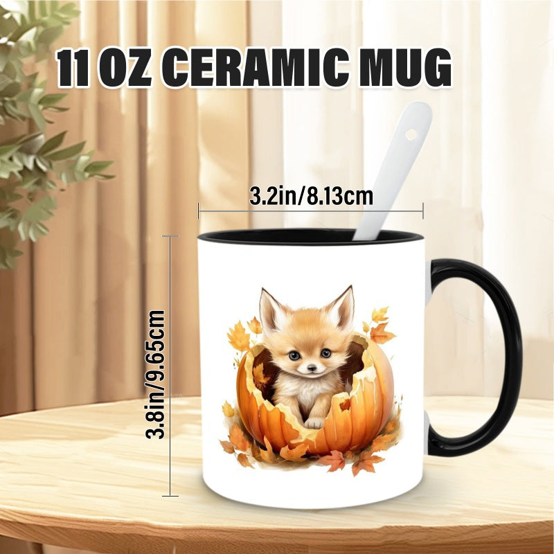 Tailorly Black Accent 11 oz Mug - cute fox in pumpkin watercolor fox peeking from pumpkin fox shaped handle