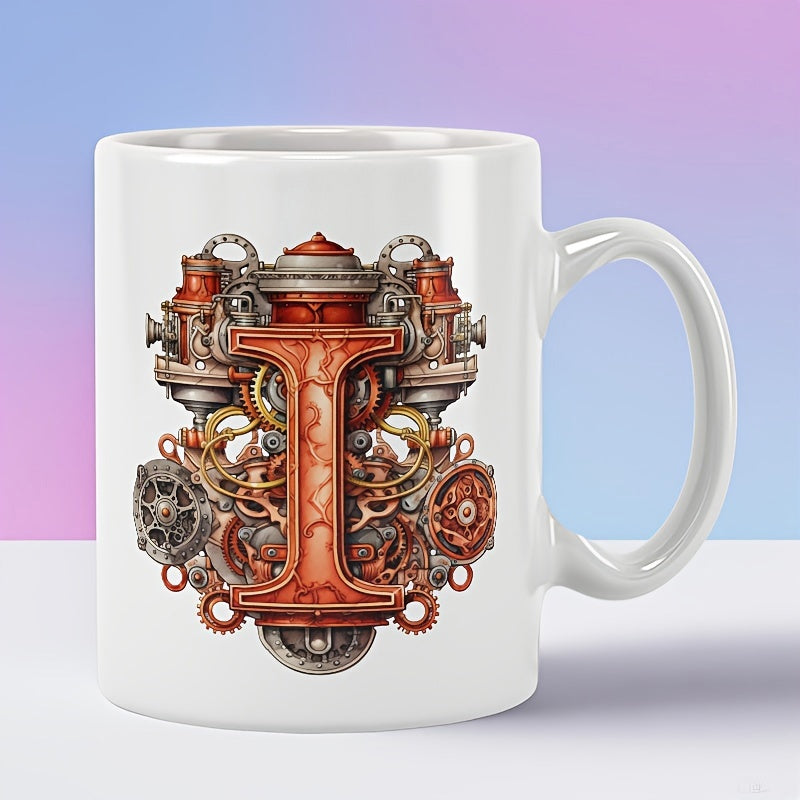 Tailorly White Ceramic 11 oz Mug - I Intricate Industrial Steampunk Gears And Copper Pipes Metallic Letter