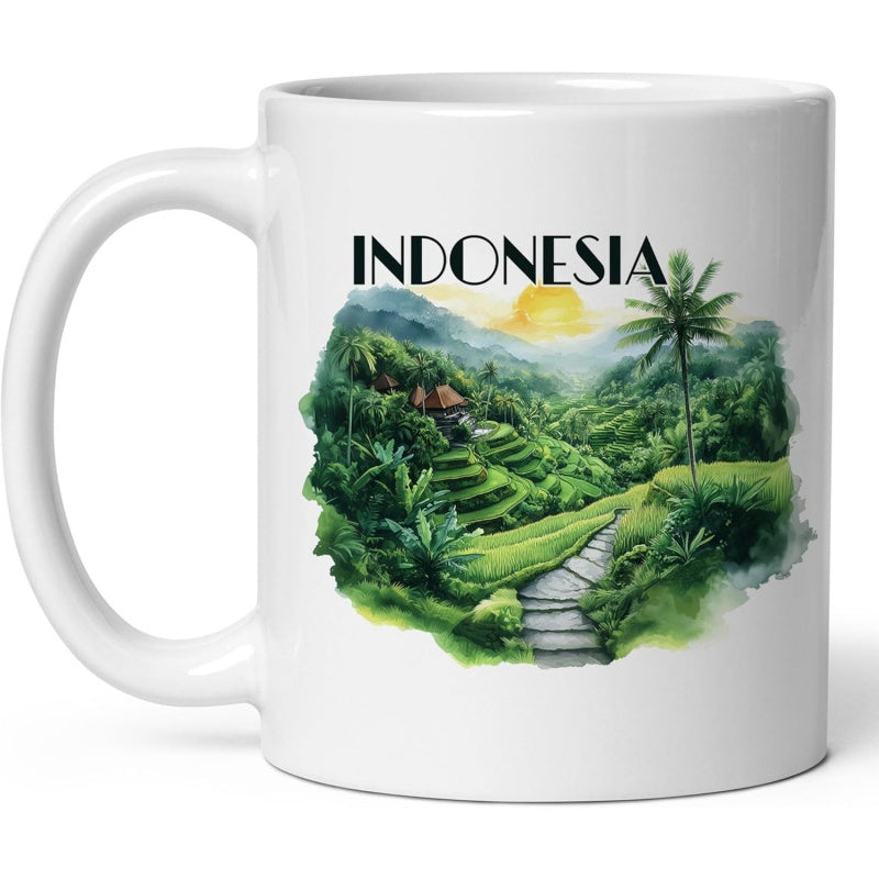 Tailorly White Ceramic 11 oz Mug - Indonesia Lush Green Tropical Rice Terraces Under A Warm Golden Rising Sun Landscape