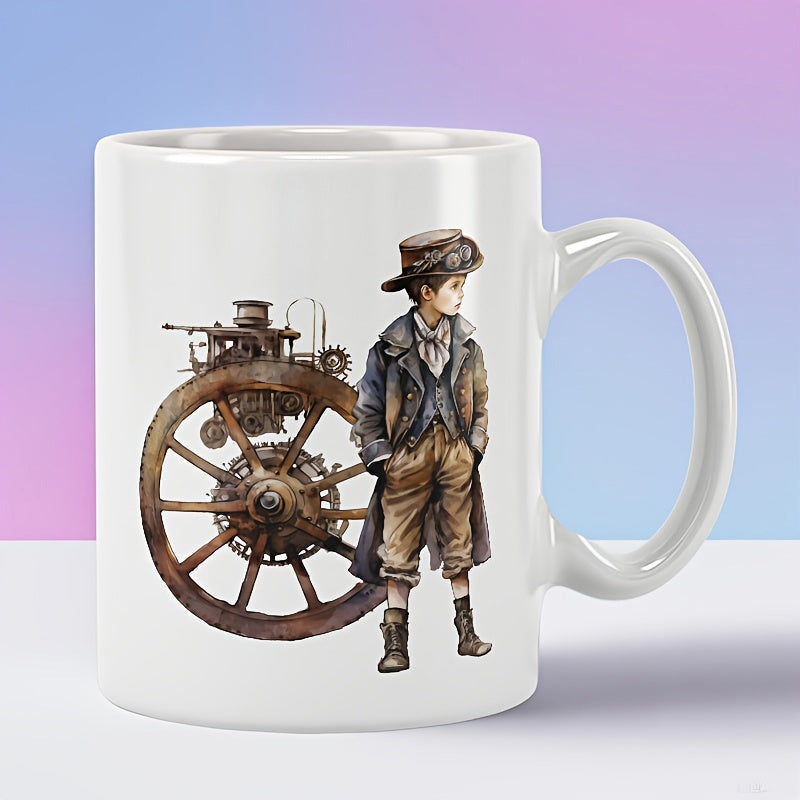Tailorly White Ceramic 11 oz Mug - Vintage Victorian Style Character Beside A Large Rusty Mechanical Industrial Gear Boy