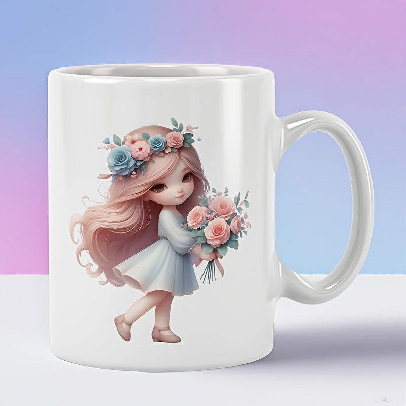 Tailorly White Ceramic 11 oz Mug - Adorable Little Princess Wearing Flower Crown Holding A Delicate Pink Rose Girl