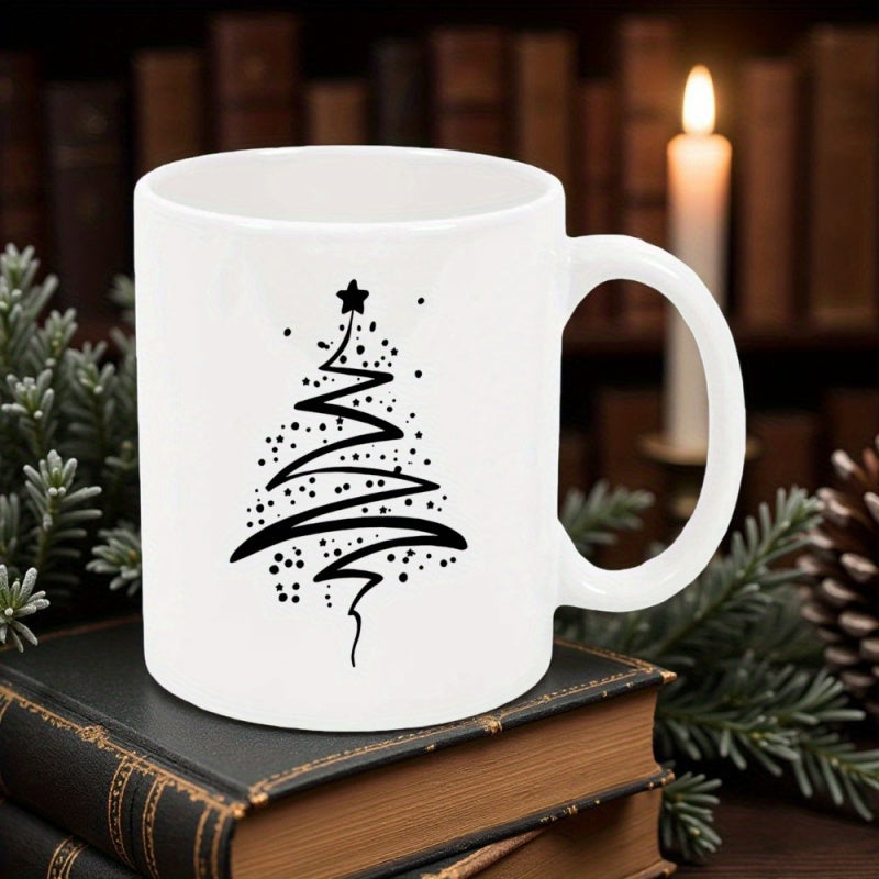 Tailorly White Ceramic 11 oz Mug - Minimalist Artistic Scribble Design Featuring Sparkling Dots Under A Small Star Tree
