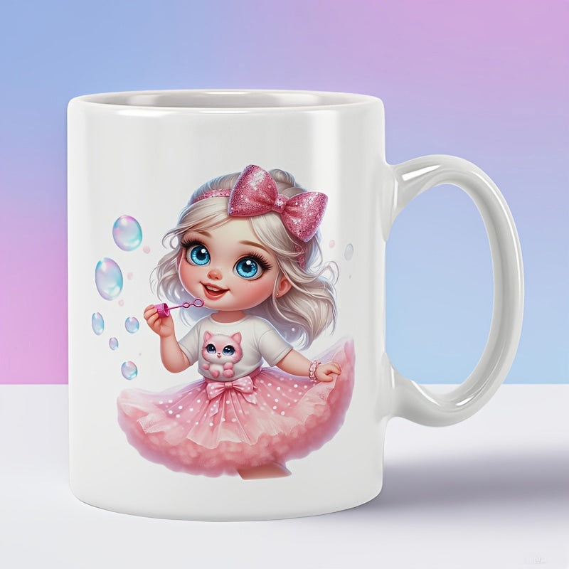 Tailorly White Ceramic 11 oz Mug - Adorable Blonde Character Wearing Pink Tutu Dress And Blowing Floating Bubbles Girl