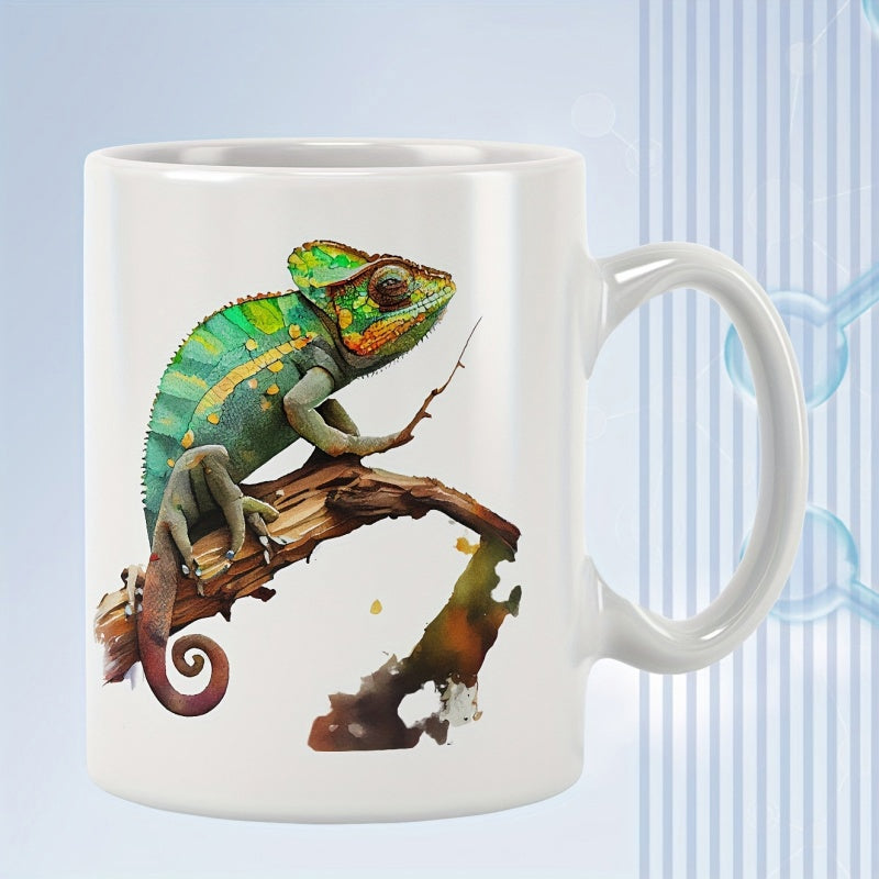 Tailorly White Ceramic 11 oz Mug - Vibrant Green Chameleon Perched On A Rustic Textured Brown Tree Branch Chameleon