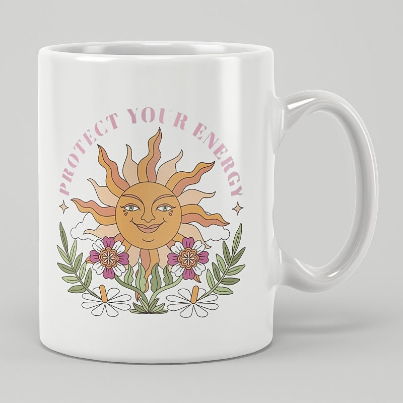Tailorly White Ceramic 11 oz Mug - Protect Your Energy Smiling Celestial Sun With Wavy Rays Among Blooming Floral Garden Sun