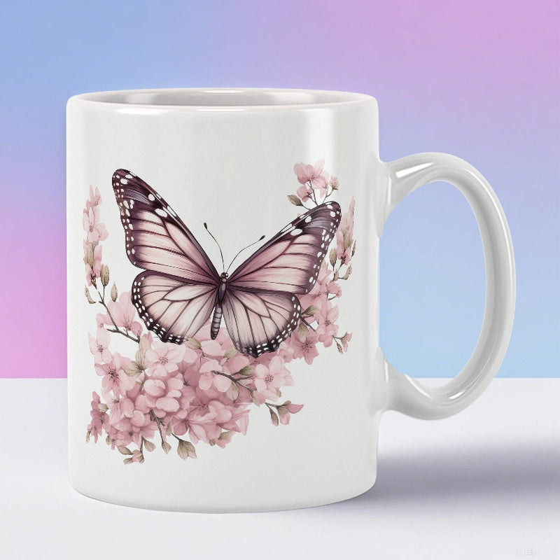 Tailorly White Ceramic 11 oz Mug - Delicate Pink Wings Resting Among Soft Blooming Cherry Blossom Flowers Butterfly