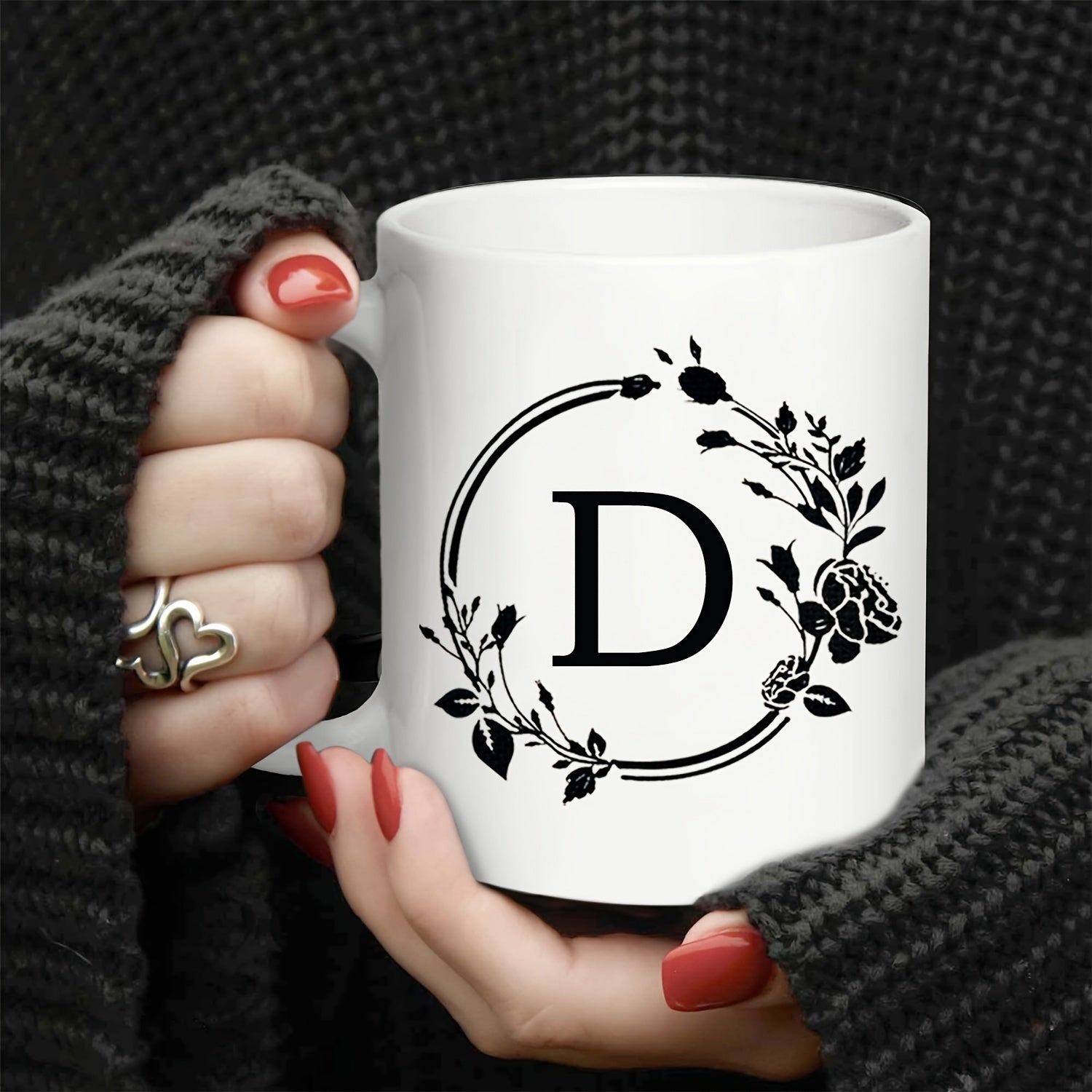 Tailorly White Ceramic 11 oz Mug - D Elegant Floral Wreath Featuring Hand Drawn Leaves And Delicate Blossoms Initial