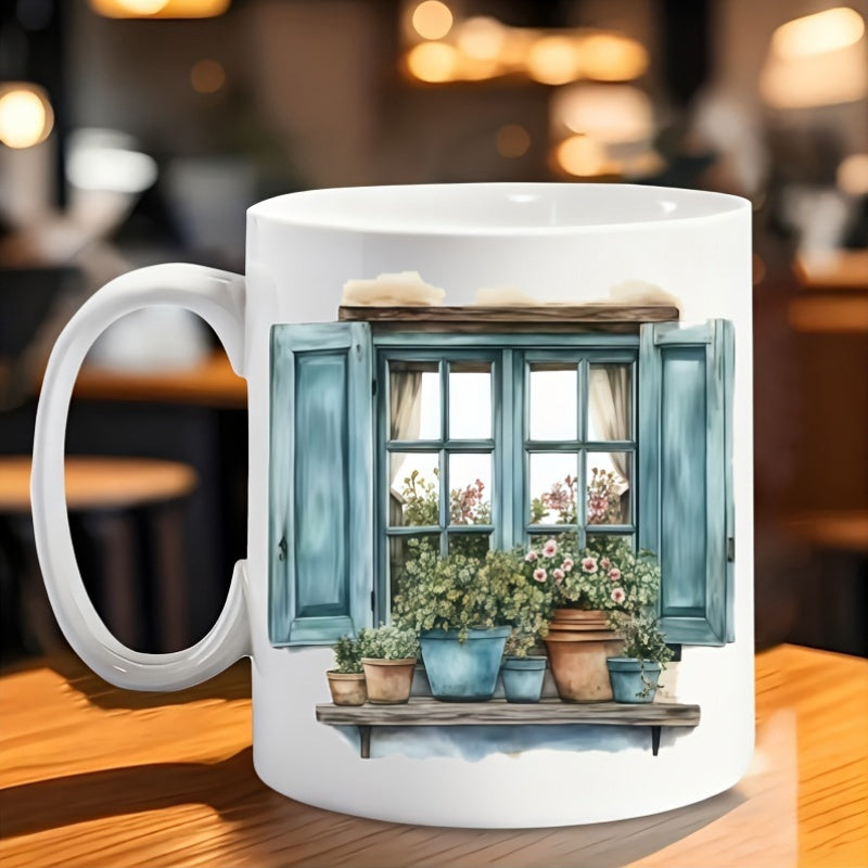 Tailorly White Ceramic 11 oz Mug - Rustic Blue Shuttered Frame With Potted Flowers On Sill Window