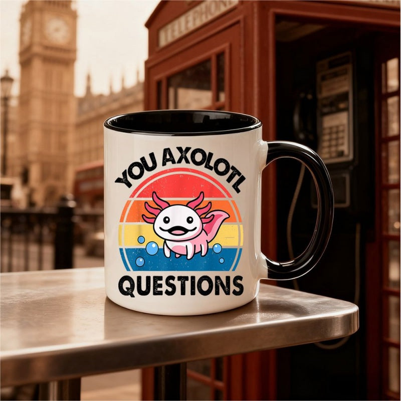 Tailorly Black Accent 11 oz Mug - retro axolotl you axolotl questions text pink axolotl black rim handle