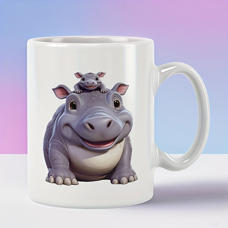Tailorly White Ceramic 11 oz Mug - Adorable Smiling Mother And Baby Hippo Resting Peacefully Together Hippo
