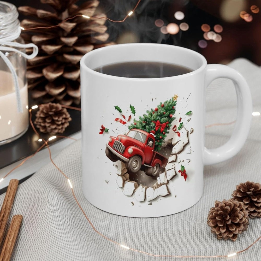 Tailorly White Ceramic 11 oz Mug - Vintage Red Festive Evergreen Tree Breaking Through White Stone Wall Truck