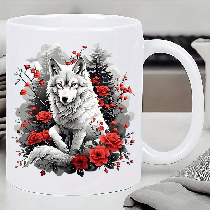 Tailorly White Ceramic 11 oz Mug - Majestic White Resting Among Vibrant Red Roses In Pine Forest Wolf