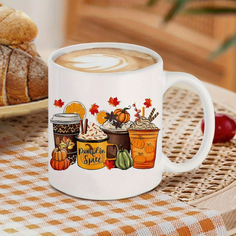 Tailorly White Ceramic 11 oz Mug - Pumpkin Spice Cozy Hand Drawn Autumn Beverages Surrounded By Miniature Pumpkins And Leaves Mug