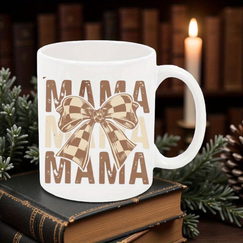 Tailorly White Ceramic 11 oz Mug - Mama Vintage Checkered Pattern Bow Tied Centrally Between Distressed Text Bow