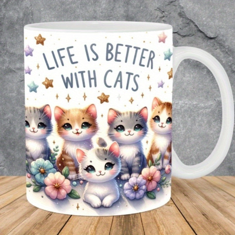 Tailorly White Ceramic 11 oz Mug - Life Is Better With Cats Adorable Cartoon Felines Sitting Among Pastel Blossoms And Stars Kitten