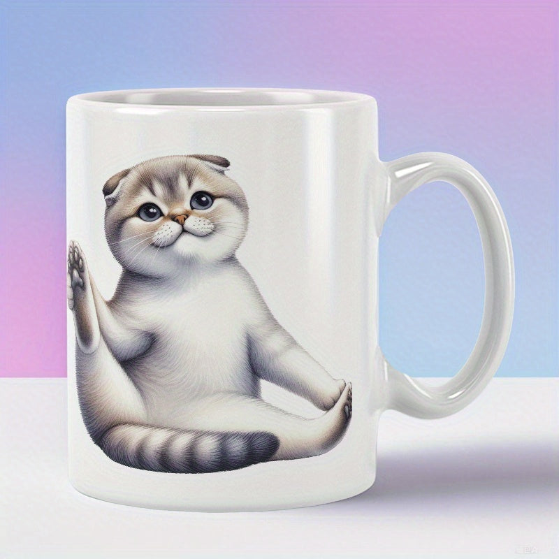 Tailorly White Ceramic 11 oz Mug - Adorable Scottish Fold Sitting In Yoga Pose With Fluffy Fur And Playful Expression Cat