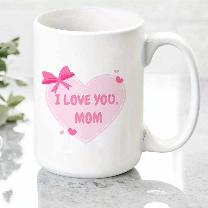 Tailorly White Ceramic 11 oz Mug - I Love You Mom Delicate Soft Pink Gradients Featuring Elegant Ribbon Bow And Floating Small Charms Heart