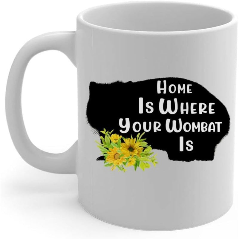 Tailorly White Ceramic 11 oz Mug - Home Is Where Your Wombat Is Graceful Black Animal Silhouette Surrounded By Vibrant Yellow Sunflower Petals Wombat