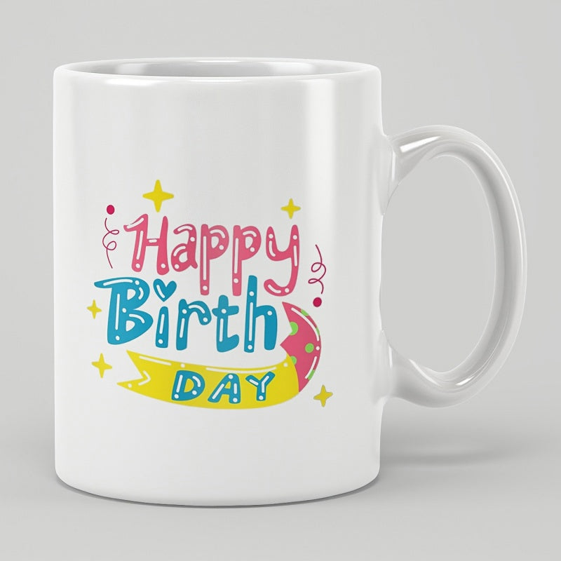 Tailorly White Ceramic 11 oz Mug - Happy Birth Day Colorful Stars With Playful Swirls And Vibrant Yellow Banner Decorative Mug