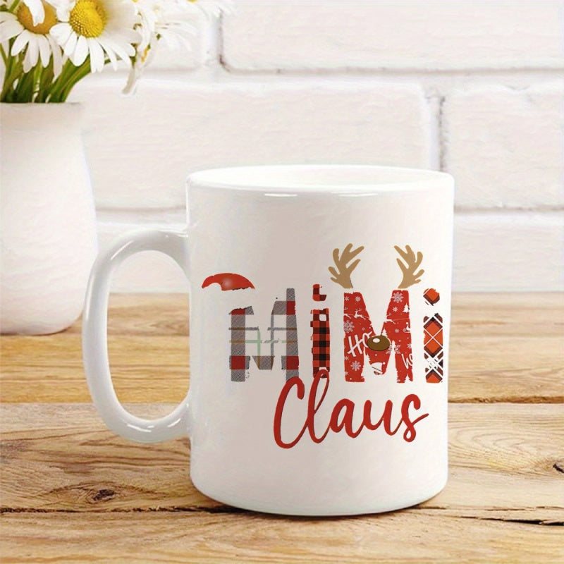 Tailorly White Ceramic 11 oz Mug - MiMi Claus Festive Plaid Pattern With Reindeer Antlers And Tiny Santa Hat Mug