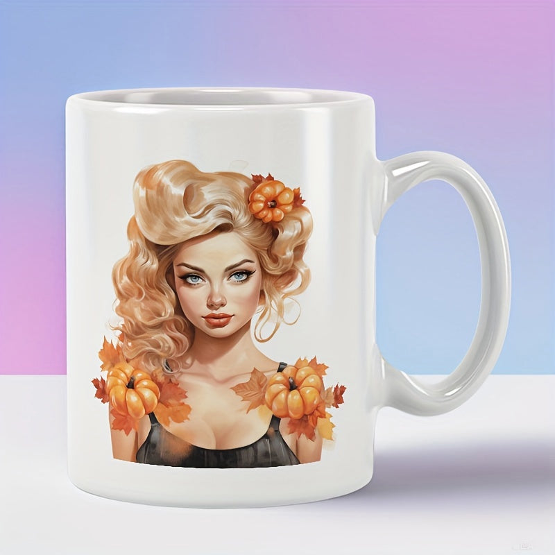 Tailorly White Ceramic 11 oz Mug - Elegant Blonde Female Adorned With Small Pumpkins And Orange Autumn Leaves Woman