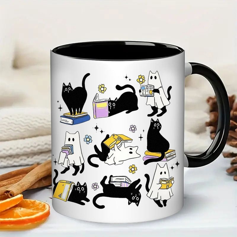 Tailorly Black Accent 11 oz Mug - cute cats reading books with black cat