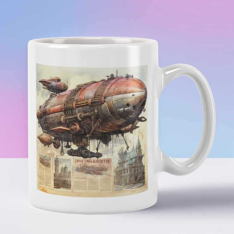 Tailorly White Ceramic 11 oz Mug - Intricate Vintage Steampunk Flying Machine Hovering Over Old Victorian City Illustration Airship