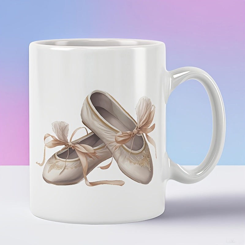 Tailorly White Ceramic 11 oz Mug - Elegant Beige Satin Ribbons Tied In Delicate Bows On Ballet Shoes