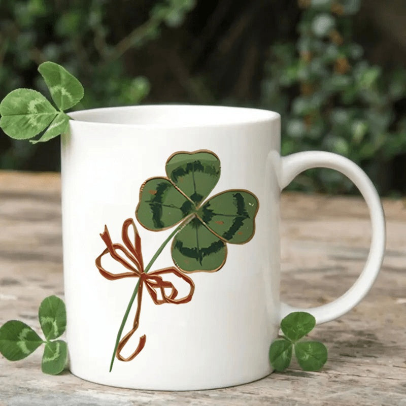 Tailorly White Ceramic 11 oz Mug - Elegant Green Four Leaf With Brown Ribbon Tied On Stem Clover